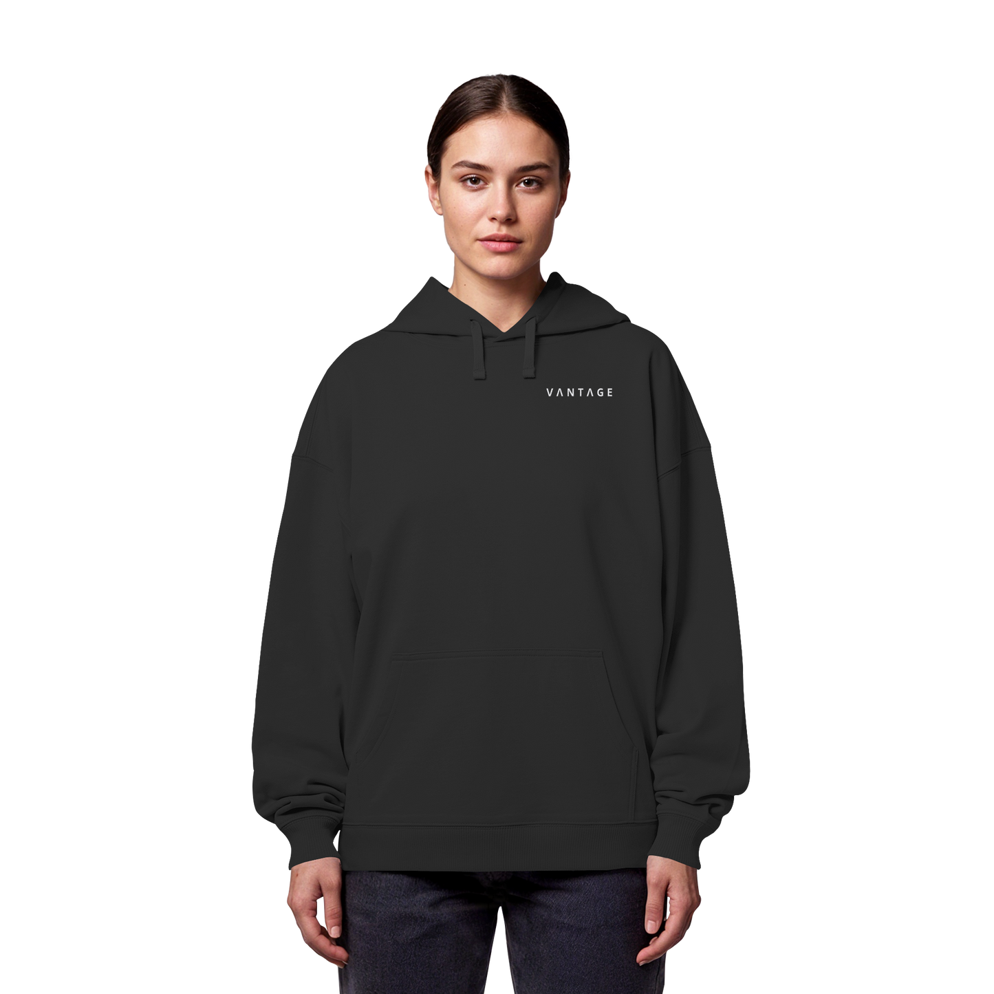 VANTAGE Essential Hoodie Schwarz – Detailansicht